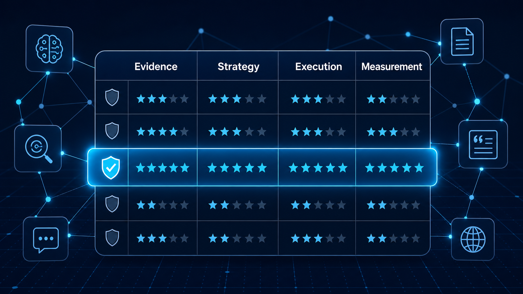 AI search optimization agency evaluation scorecard covering evidence, strategy, execution, and measurement