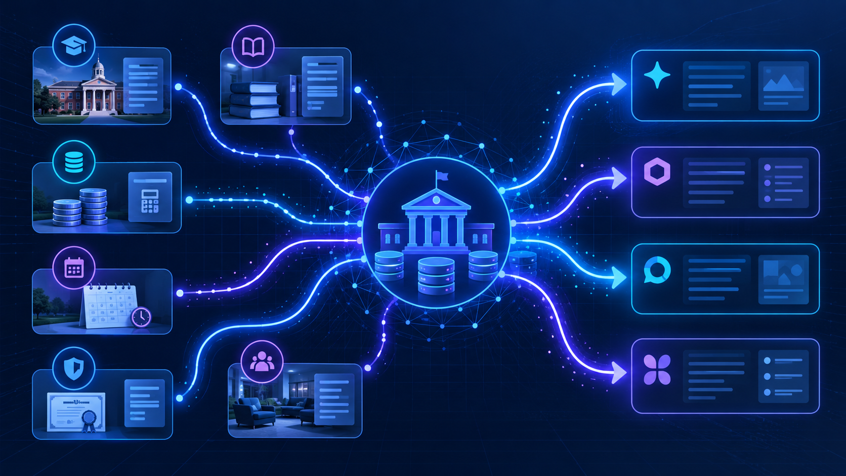 A higher-education source system connecting admissions, programs, tuition, deadlines, and student support to verified AI answers