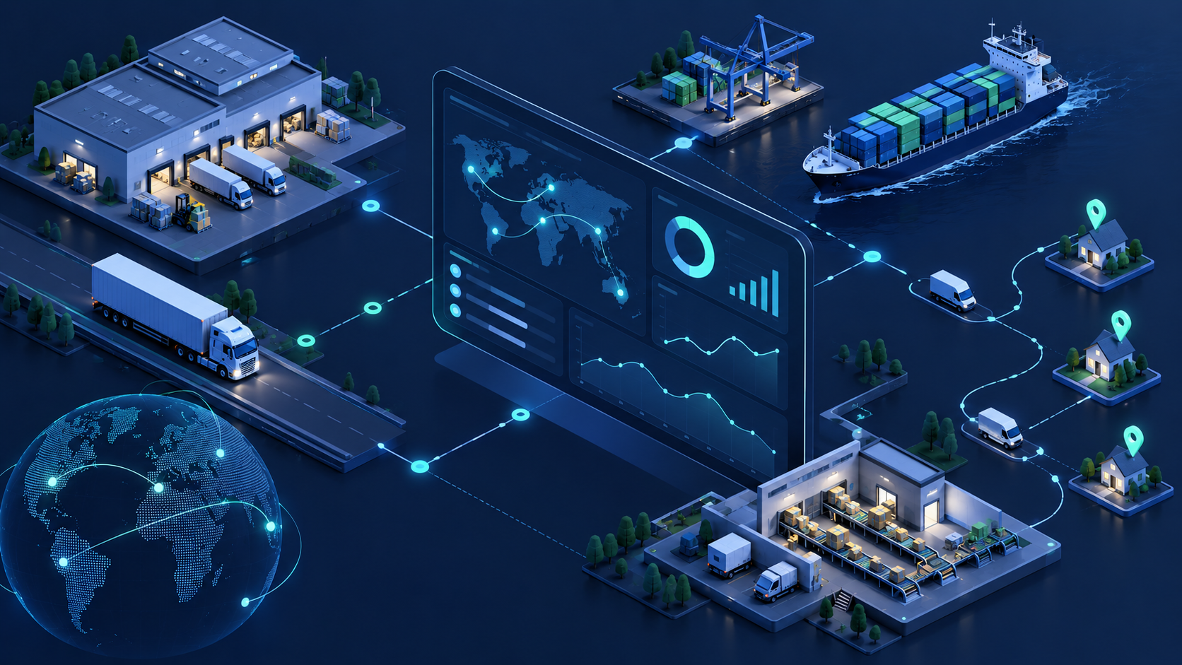 A logistics source-truth network connecting warehouses, carriers, routes, and shipment facts to verified AI answers