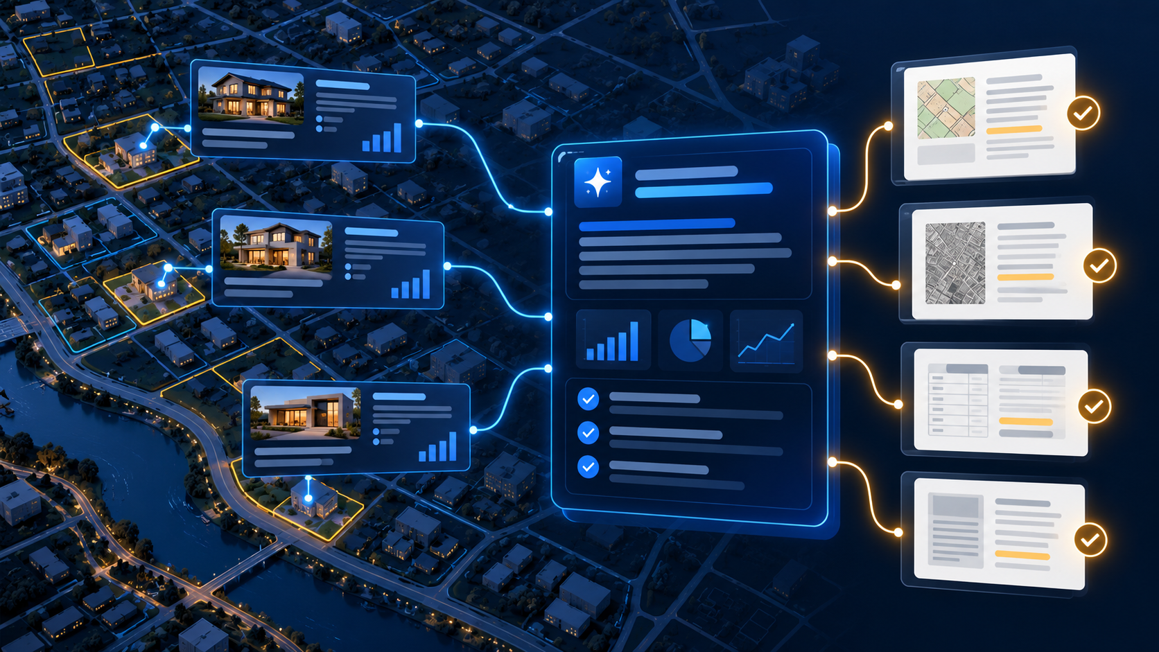 Real-estate answer engine optimization workflow connecting property questions to verified listings, market pages, and AI answer monitoring