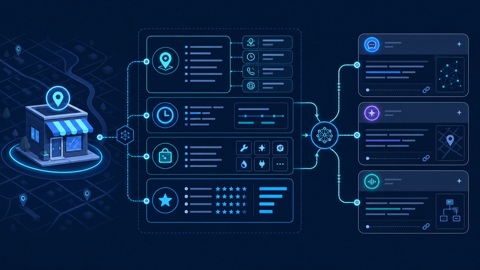 A local business source-of-truth workflow feeding facts and proof into AI answer panels